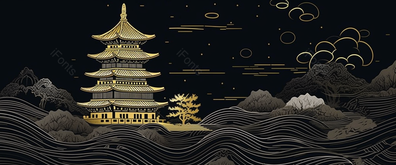 黑金质感国潮风高达古建筑塔手绘横板壁纸,插画/手绘图,插画/手绘图库,插画/手绘图下载,插画/手绘